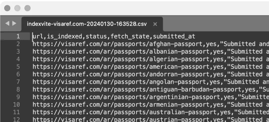 CSV data export feature showing indexing status and page health metrics