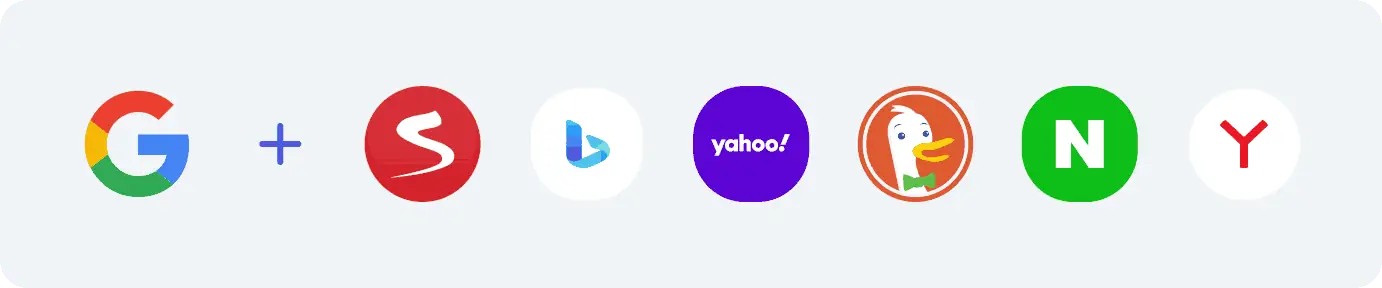 Multiple search engines including Google, Bing, DuckDuckGo, Yahoo, Yandex for comprehensive page indexing